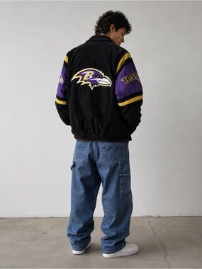ntage Baltimore Ravens Genuine Suede Leather Jacket NFL Full Zip Size Large Y2K